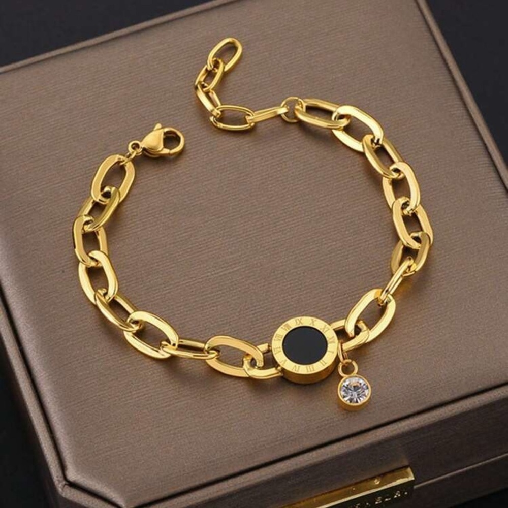Gold Plated Stainless Steel Chain Bracelet with Black Accent & Roman Numeral